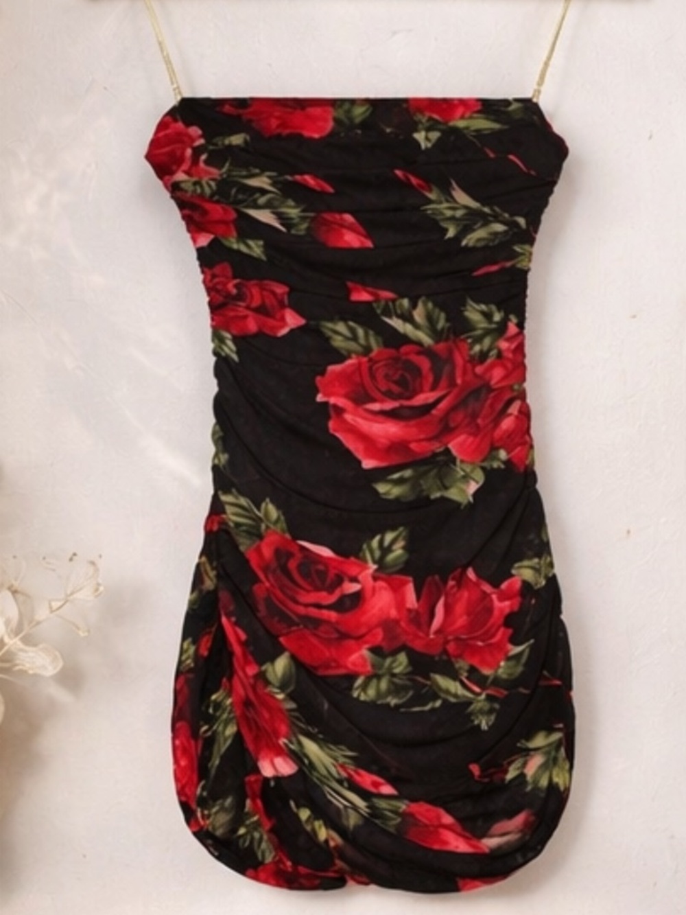 Better Be Strapless Red Rose Bodycon Dress | Ruched Floral Mini